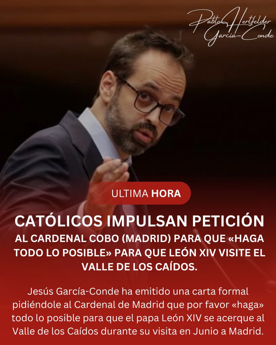 PabloHGconde's tweet image. #URGENTE 🔴🔴🚩 Petición directa al Cardenal de #Madrid.

Piden preservar íntegramente el #ValleDeLosCaidos y que el Papa rece ante la Cruz.

Frente a la “resignificación”, una propuesta clara: proteger y mostrar su verdadero sentido.

¿Defenderá la Iglesia su propio legado?