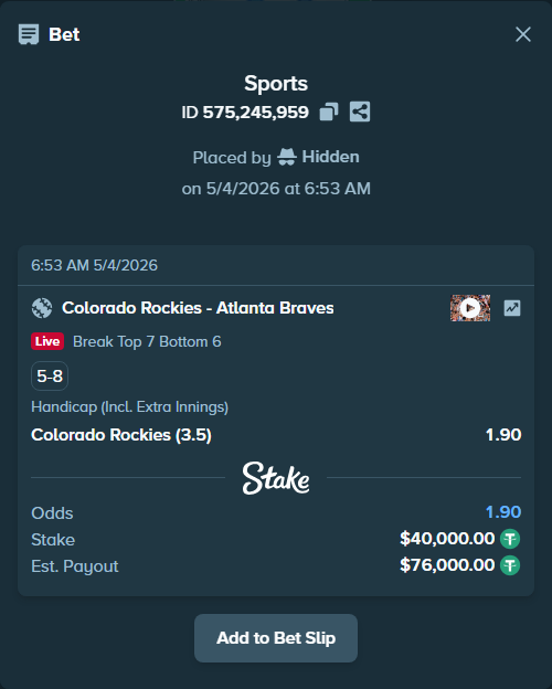 stakehighroller's tweet image. This one's Crazy: $40,000 on Colorado Rockies - Atlanta Braves.

Same bet: stake.com/sports/home?ii…

#Baseball #MLB