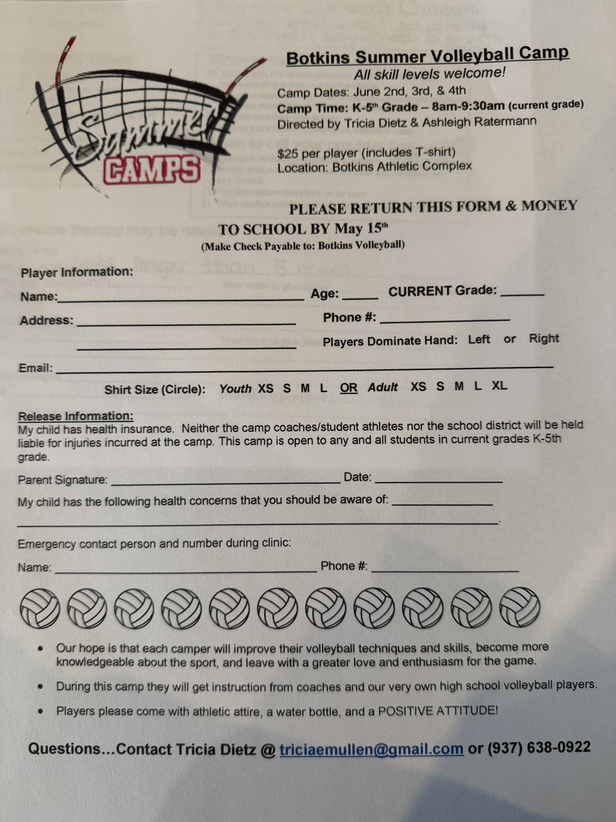BotkinsVolley1's tweet photo. 🏐🏐🏐🏐🏐🏐🏐🏐🏐🏐🏐🏐🏐
Youth Summer Volleyball Camp forms have been sent home with all girls in current grades K-5.

Forms are due by May 15th. 🗓️

Come join the fun! 🤩 https://t.co/fQ7577oc7M