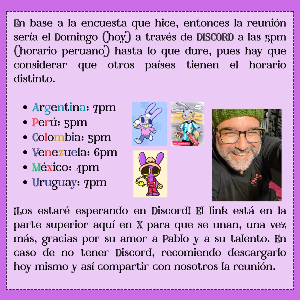 AndyT1042's tweet photo. ¡En breve comienza la reunión por DISCORD! Estén atentos por favor 🥳🥳
#PabloGandolfoAsJax #tadc #theamazingdigitalcircus #jaxtadc #pablogandolfocomojax https://t.co/ZS6oseLrvU