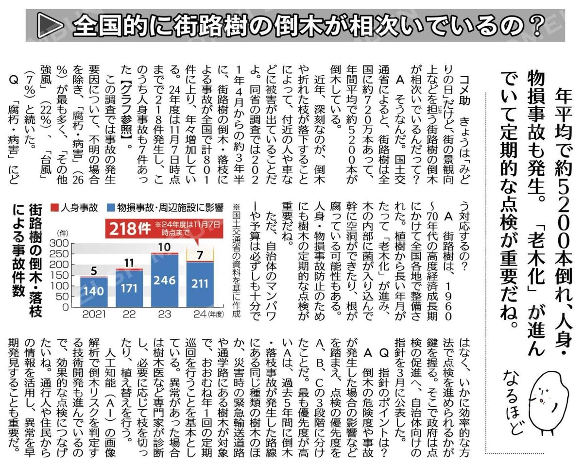 kochanSGI2's tweet image. #大衆福祉の公明党　#RICE
#小さな声を聴く力　#大衆とともに
#中道がんばれ　#生活者ファースト
（コメ助のここが知りたい！）全国的に街路樹の倒木が相次いでいるの？ #公明新聞電子版 2026年05月04日付 digital.komei-shimbun.jp/kmd/article/02…