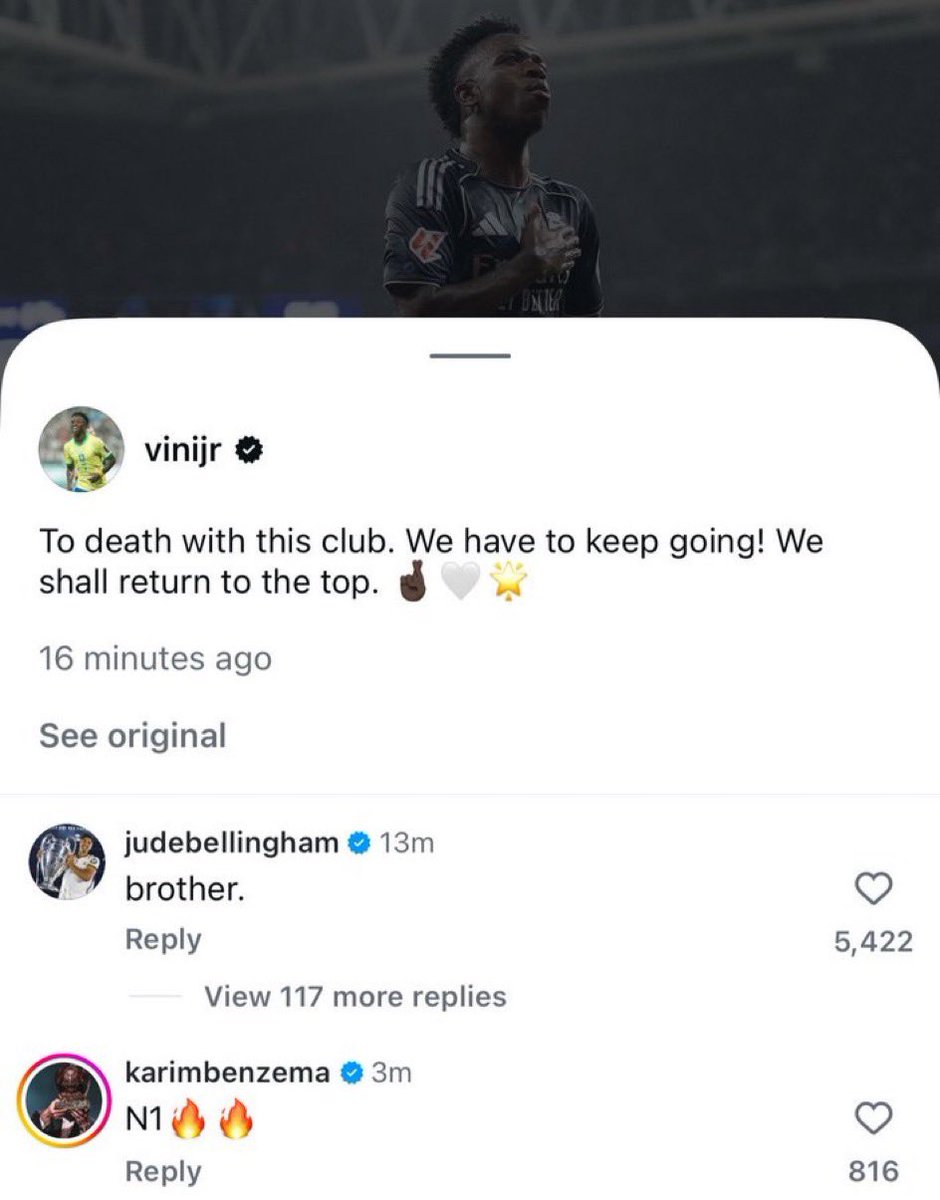 Jude Bellingham 🏴󠁧󠁢󠁥󠁮󠁧󠁿 : « Mon frère. »

Karim Benzema 🇫🇷 : « N1 🔥🔥 »

Sous la publication de Vinicius Junior 🇧🇷. 📲
