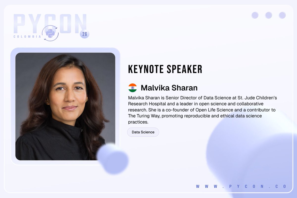 pyconcolombia's tweet image. We are thrilled to announce @MalvikaSharan as one of our Keynote Speakers for PyCon Colombia 2026. 

Learn more and follow Malvika :

Linkedin: linkedin.com/in/malvikashar…
Github: github.com/malvikasharan
X: 

#PyConColombia2026 #Keynote #Medellin #Event