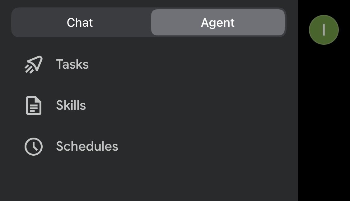 Gemini iOS redesign showing Agent tab with Tasks, Skills, and Schedules