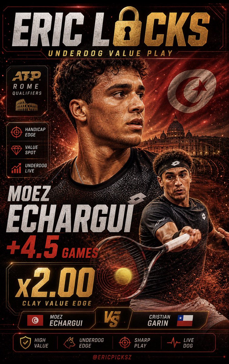 🎾 PICK OF THE DAY 🎾

🔥 Moez Echargui +4.5 Games
💰 Odds: x2.00
🏟️ ATP Rome Qualifiers
⚔️ vs Cristian Garin

#TennisPicks #TennisBetting #EricLocks #FreePicks #Tennis #ATPRome