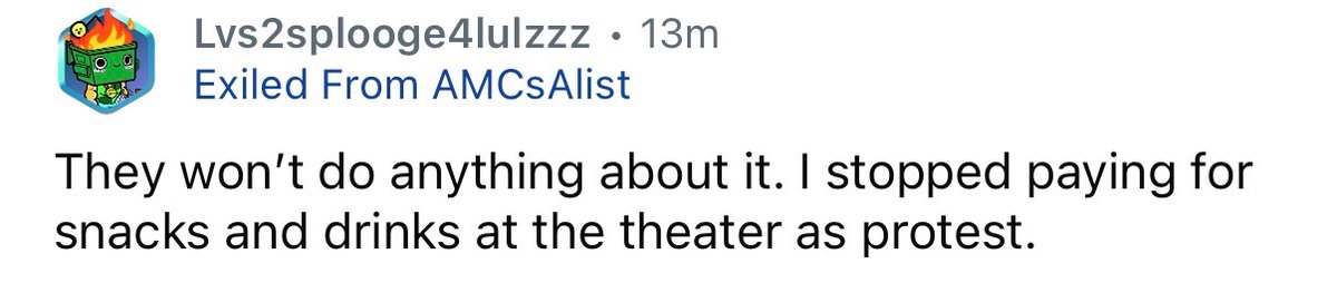 PaperhandsKarma's tweet photo. @CEOAdam @AMCTheatres customers are protesting your business because of the psycho bully / stalker running Reddit’s AMCALIST group. These are people who see 4 movies a week and buy snacks every time now protesting your business. https://t.co/WsiEVma0Xi