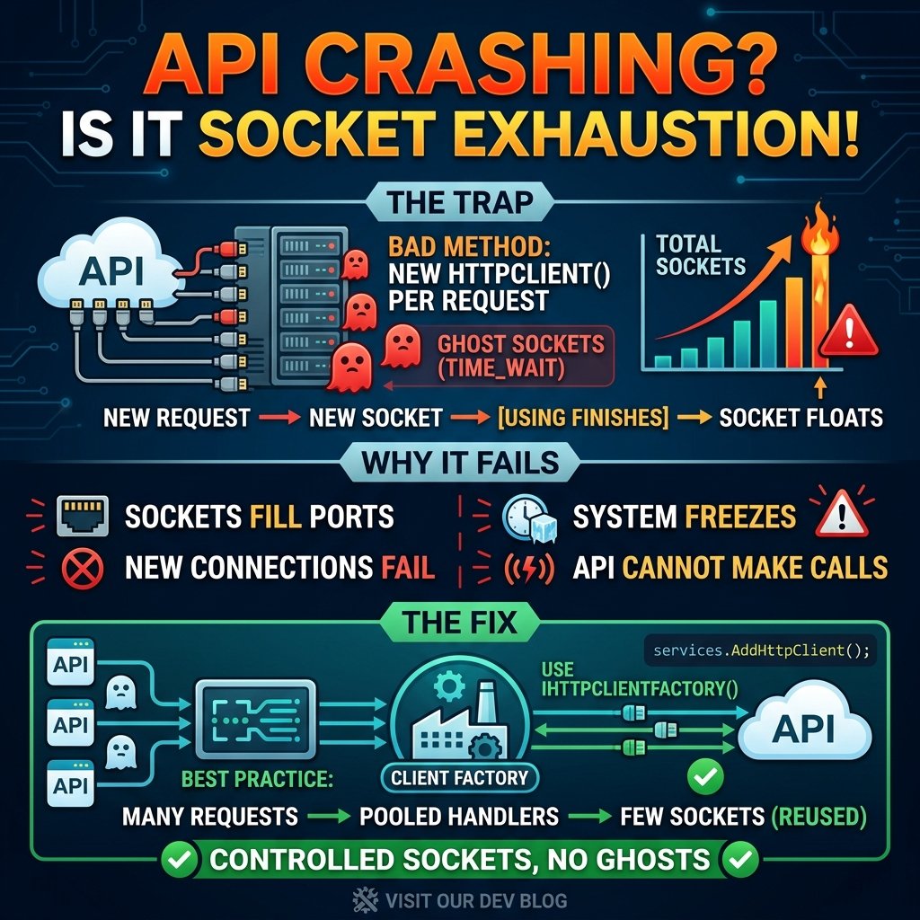 codingdroplets's tweet photo. Following the IDisposable pattern for HttpClient is the fastest way to crash a high-traffic .NET API. 🧨
Use IHttpClientFactory instead.

Learn more: https://t.co/Er6bS0RLUK

#DotNet #CSharp #Programming #WebDev https://t.co/lpDThcncPm