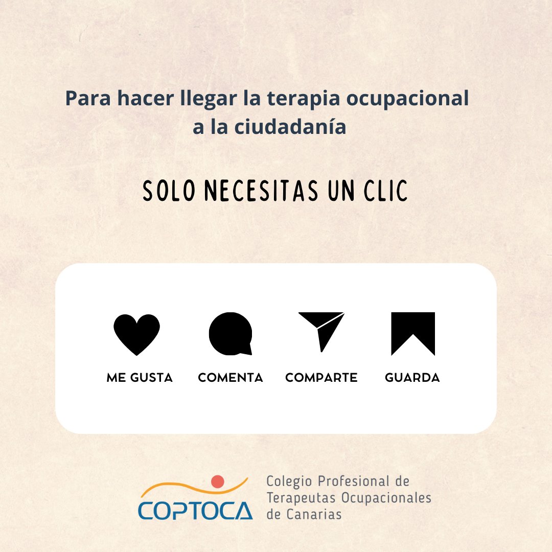 coptoca's tweet photo. Ayúdanos a difundir la terapia ocupacional. Con un clic puedes ayudar a que las publicaciones de COPTOCA lleguen a la ciudadanía.

#terapiaocupacional #terapiaocupacionalcanarias #coptoca #difusioncoptoca https://t.co/N7ty1N2H9o