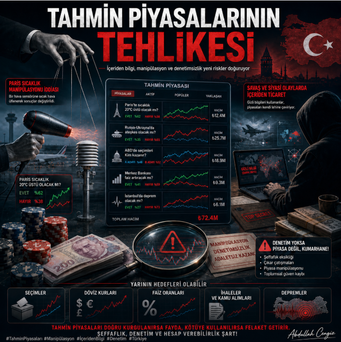 cengiz_abdullah's tweet photo. Tahmin piyasası dedikleri şey masum bir “gelecek oyunu” değil; denetimsiz kalırsa geleceği tahmin eden değil, geleceği manipüle edenlerin pazarı olur.

Bugün Paris’te sıcaklık sensörü, yarın seçim, faiz, kur, ihale, savaş, deprem verisi…

Türkiye bu kapıyı açacaksa önce şunu sormalı:
Kim tahmin ediyor, kim biliyor, kim olayı kendi kazancı için yönlendiriyor?
Çünkü bazen bahis, oyunun sonucu üzerine kurulmaz; oyunun kendisini bozar.

#TahminPiyasaları #Manipülasyon #İçeridenBilgi #DenetimŞart #Türkiye