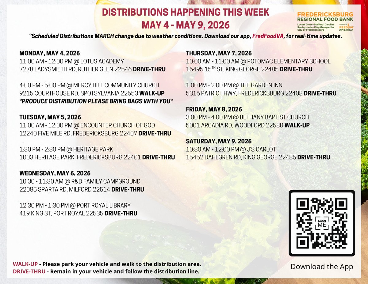 FredFoodVA's tweet photo. This week's distribution schedule is here! 📅

Get all the details on our Facebook page: https://t.co/2aFiHAdU5e or by downloading our free app, FREDFOODVA, on your smartphone. 📱 #FoodForAll #CommunitySupport https://t.co/pqY1PDFznG