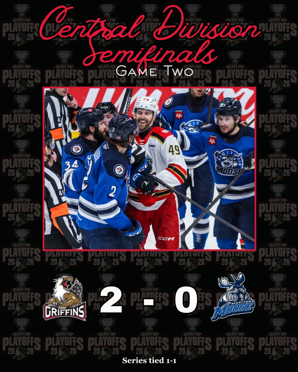 imaraindancer's tweet image. Michal Postava earns his first shutout of the postseason to secure the Grand Rapids Griffins the 2-0 win over the Manitoba Moose. 

Goals from Michael Brandsegg-Nygard and William Wallinder.

Wednesday is set to be a very spicy game 🔥

#gogrg #lgrw #ahl #mbmoose #GRvsMB