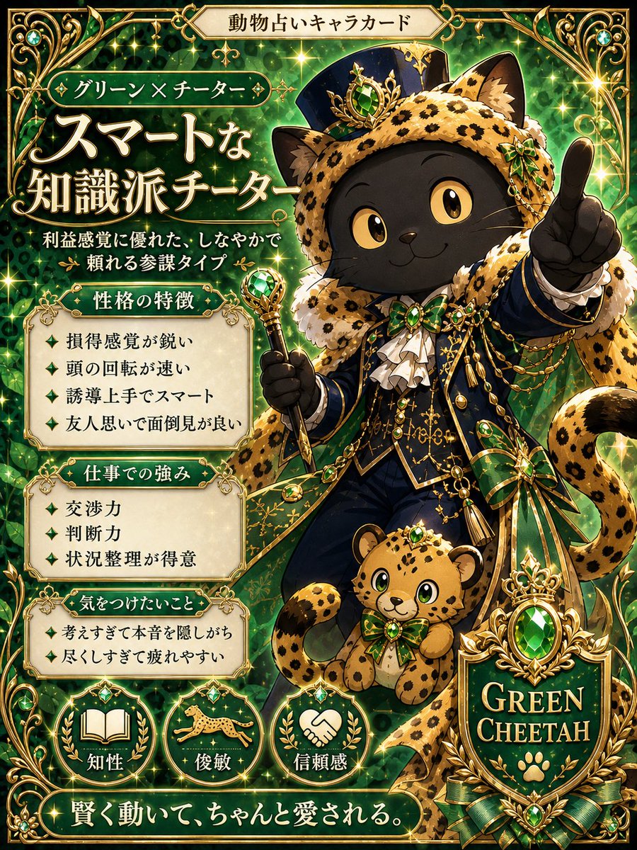 haste_'s tweet photo. 🎁GW企画🎁

あなただけの動物占いキャラカードを作ろう‼️

いまは六星占術が話題だけど…

四柱推命から生まれた動物占いも良く当たる‼️

というわけで今回、
もともと無料noteで作っていた動物占いプロンプトを、

GPT-image2仕様に進化させて、
GPTs版にして作りなおしてみました^ ^

あなたにピッタリの、
めちゃくちゃ可愛い一枚が
簡単に2,3分で作れるから作ってみて^ ^

良い画像が作れたら、
皆さんぜひぜひ引用してシェアしてくださいー✨

企画参加方法

↓