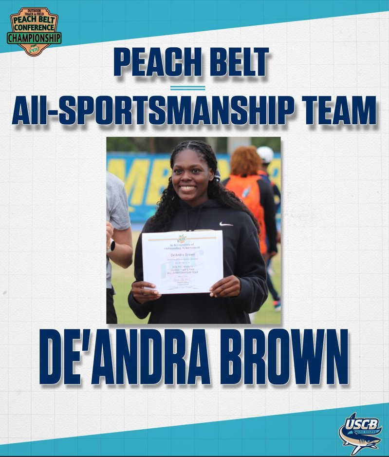 USCBAthletics's tweet photo. Congratulations to De'Andra Brown for earning a spot on the Women's Track &amp; Field All-Sportsmanship Team for the Peach Belt Conference!
#FINSUP https://t.co/9Eqeyru73S