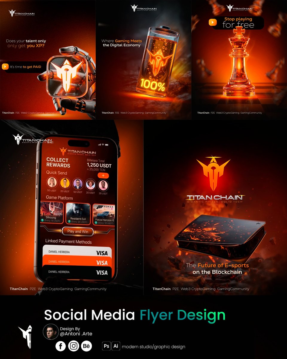 Antoniarte85's tweet image. Les comparto parte del trabajo realizado para TITAN CHAIN, una plataforma que une la intensidad de los e-sports con la transparencia de la blockchain. El reto: crear un lenguaje visual que proyectara poder, tecnología y la emoción de ganar en USDT.
​#GraphicDesign #Web3Design