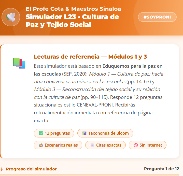 ElprofeCota's tweet photo. ⚠️ ¿Paz negativa o positiva en tu escuela? 🔥 L23 Cultura de Paz y Tejido Social. 12 preguntas #CENEVAL con casos reales. Sin internet. ➡️ https://t.co/qT6BSnmc1F #ElProfeCota #MaestrosSinaloa #SoyPRONI https://t.co/7yXwtzbvSa