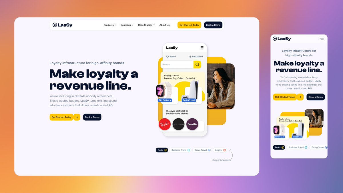 npro_daniel's tweet image. Concept for @laasyloyalty 

Core improvements: 

1. Made headline outcome oriented
2. Direct sub-copy naming real problem
3. Product demos at first sight in tab component

#Loyalty #WhiteLabel #website #uxdesign #conversion
