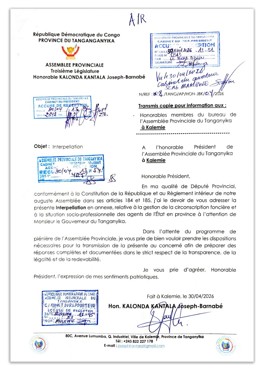 Fidèle à mon serment de défendre les intérêts du #Tanganyika, j'ai saisi ce 30 avril le Bureau de l'Assemblée par une interpellation adressée au Gouverneur de province. 

​Cette démarche de contrôle parlementaire, essentielle à notre démocratie provinciale, vise à garantir la