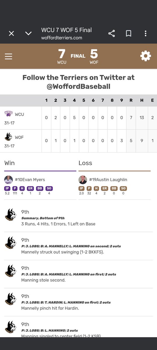Catatron1889's tweet photo. WHEE WIN!! The Diamond Cats get a HUGE series win in Spartanburg, defeating Wofford in the rubber match 7-5. WHEE retain our first place position in the SOCON!! Go Cats!! https://t.co/2JomttHcNV
