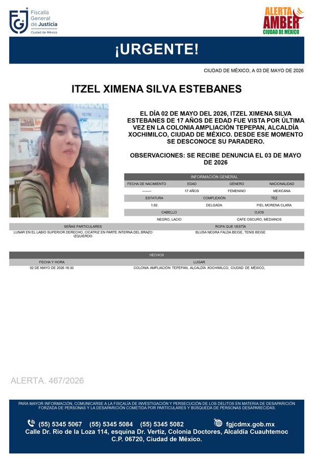 Se activa #AlertaAmber para localizar a Itzel Ximena Silva Estebanes, de 17 años, vista por última vez el pasado 2 de mayo, en la colonia AmpliaciónTepepan, alcaldía Xochimilco.