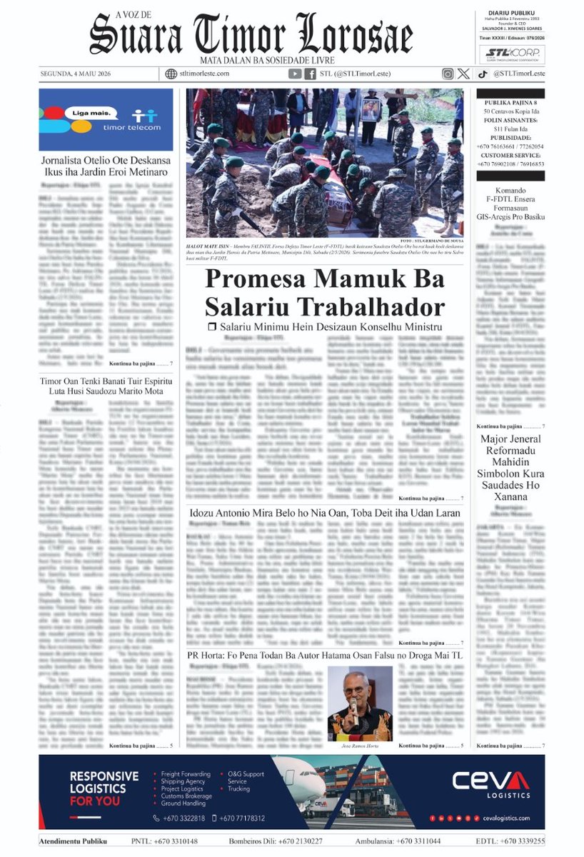 STLTimorLeste's tweet image. Lee notisia kompletu iha Jornal Suara Timor Lorosae (STL) edisaun Segunda, 04 Maiu 2026. 

- Atu sai asinante fulan ida kustu US$ 11 &amp;amp; Publisidade bele kontaktu:
* Marcos da Silva: +67076163661
* Joseph Koa: +670-78053212

#SuaraTimorLorosae #STL #TimorLeste