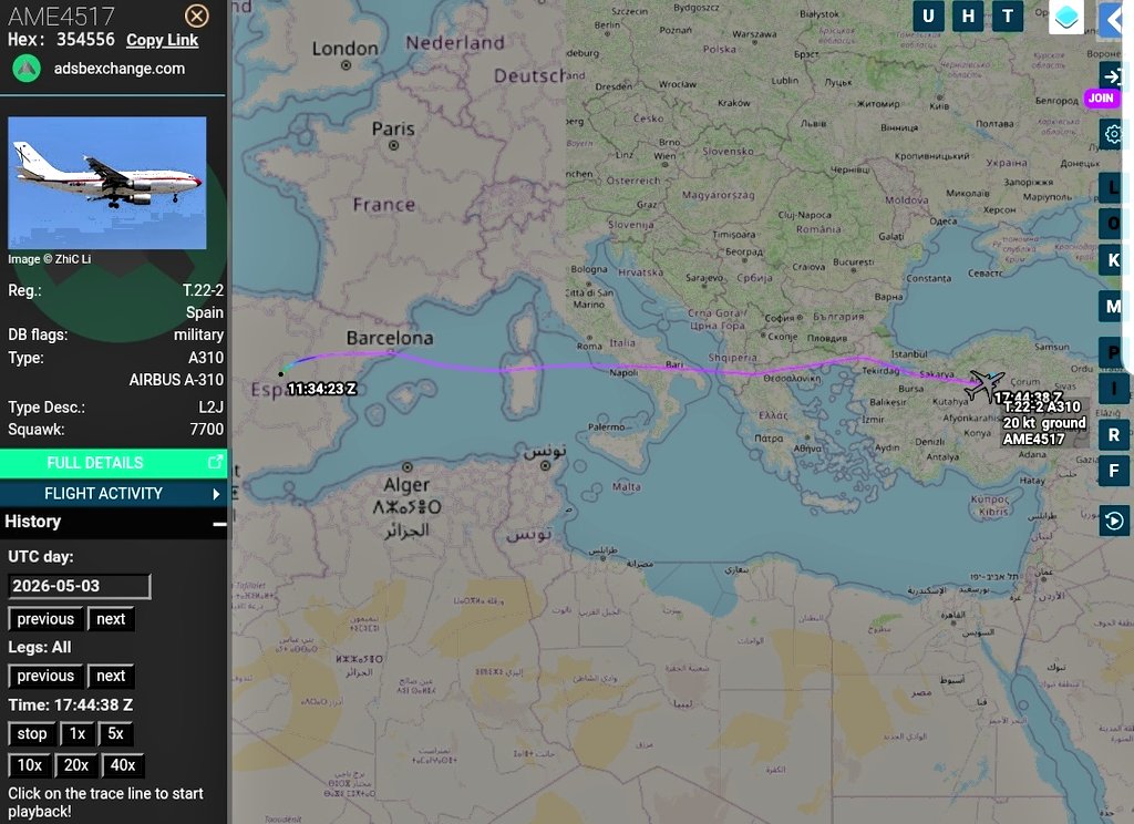 b737m's tweet image. #Emergency_Landing  🚨🚨🚨
#Squawk Alert 7700 
#Spanish Air Force 🇪🇸
#AME4517
#Airbus A310-304
Reg: T.22-2
From #Madrid🇪🇸 to #Yerevan🇦🇲
Diverting to #Ankara🇹🇷

Date : 03/05/2026

.