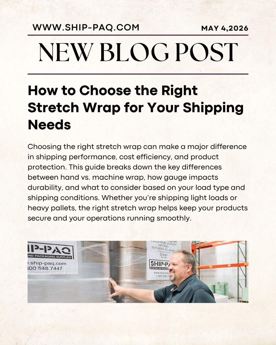 SHIPPAQ's tweet photo. Not all stretch wrap is created equal
From hand vs. machine wrap to choosing the right thickness, the details matter more than you think when it comes to protecting your shipments.
Read more on choosing the right wrap for your shipping needs https://t.co/1lWsb16vM5