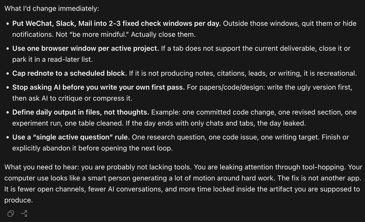 zhenzhangzz's tweet photo. This feature feels almost magical. It surfaced exactly the patterns I’ve been struggling with lately: too many open channels, too much context switching, and not enough time locked inside the actual artifact I’m trying to produce.

Very good, very direct advice. Highly recommend trying it.