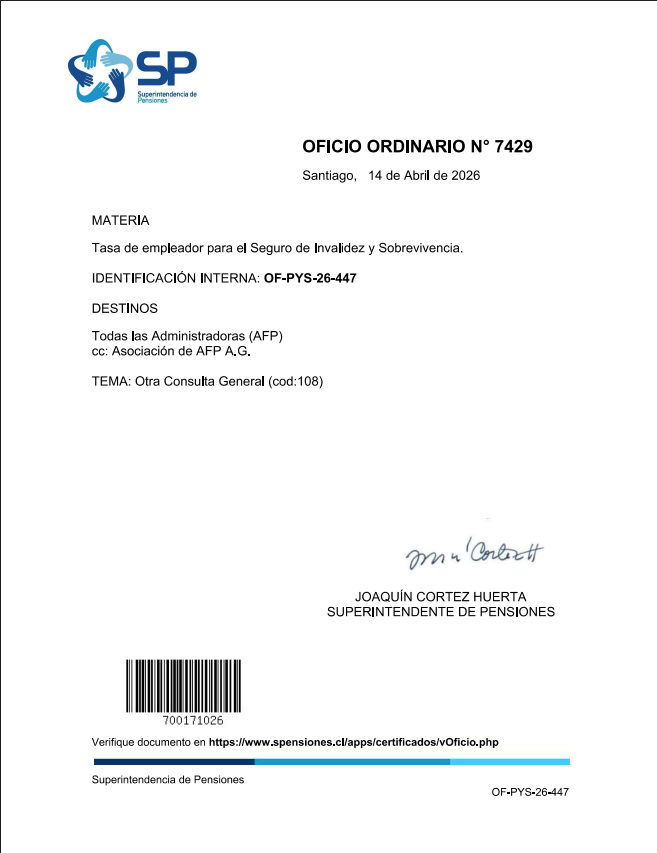 ADOV_Contador's tweet photo. Seguro de Invalidez y Sobrevivencia (#SIS) cambia de 1,54% a 1,62% Renta imponible de las remuneraciones de  Abril 2026
@Superpensiones #Oficio #Ordinario 7429 del 14 de abril de 2026
@AFPModelo @Habitat_Ayuda @CuprumAFP @AFPdeChile @AFP_Capital @AFP_Provida @planvitalafp #AFPUNO https://t.co/VpgiO1hDXa