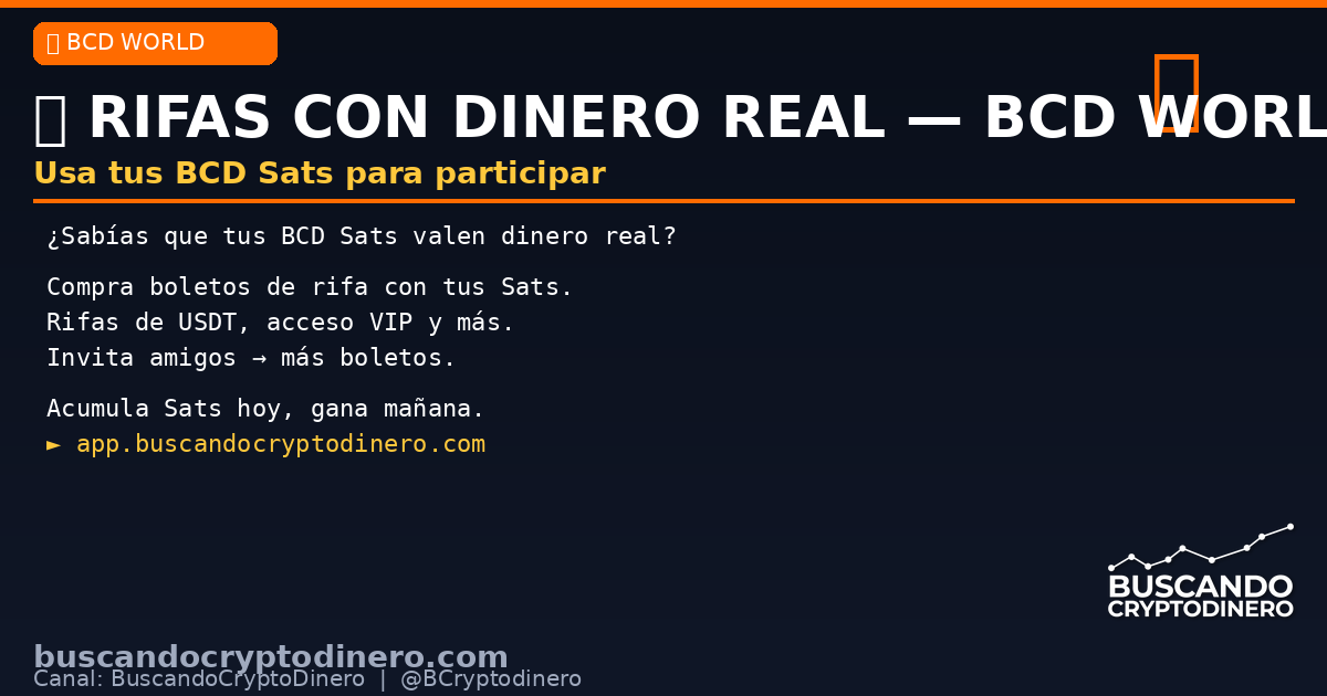 BCryptodinero's tweet image. 🎟️ ¿Sabías que tus BCD Sats pueden ganarte dinero real?

En BCD World compramos boletos de rifa con Sats:
💵 Rifas de USDT
🥇 Premios exclusivos
👥 Invita y gana boletos extra

Empieza a acumular → app.buscandocryptodinero.com 🎯
#BCD #Crypto #GameFi #Rifa #USDT