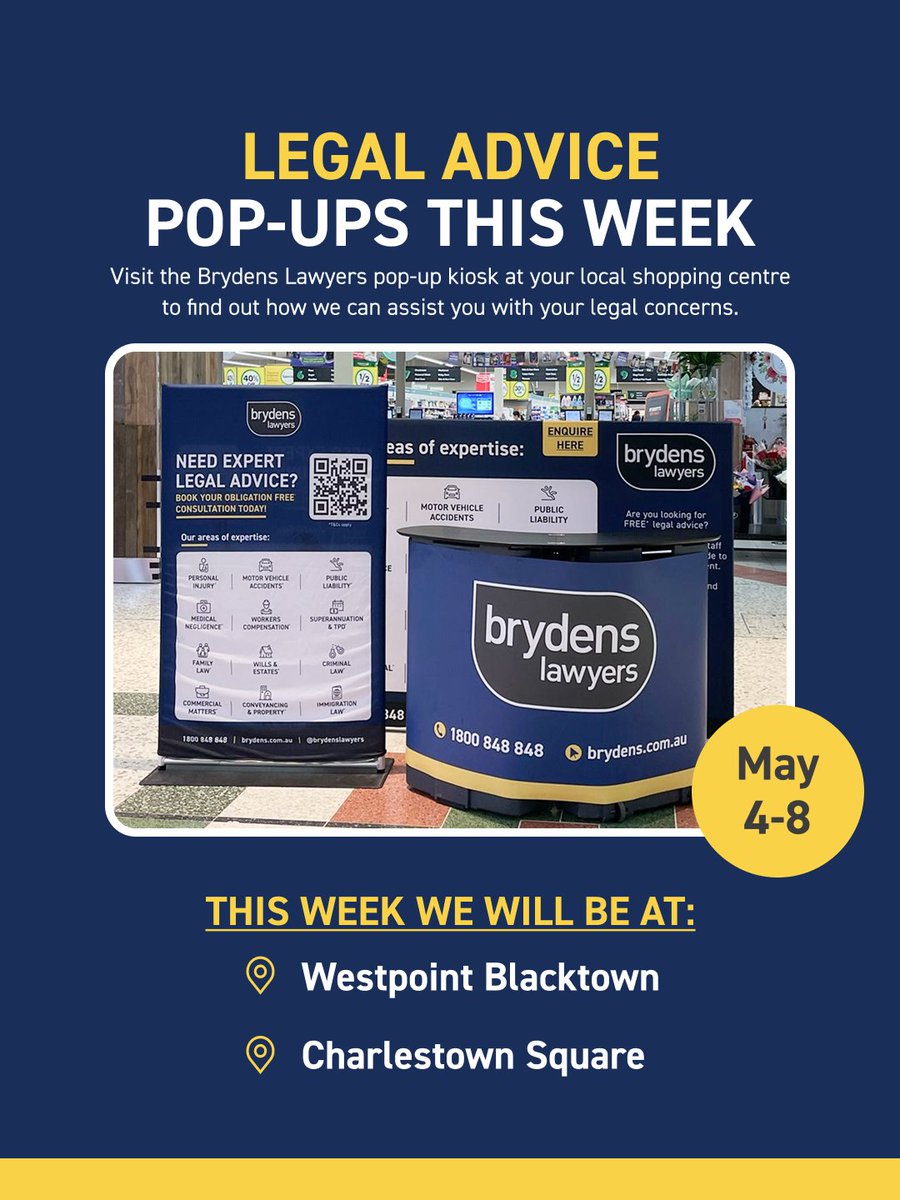 BrydensLawyers's tweet image. Legal Advice Pop-ups THIS WEEK

Visit the Brydens Lawyers pop-up kiosk at your local shopping centre to find out how we can assist you with your legal concerns.

#BrydensLawyersWEDO #LegalAdvice