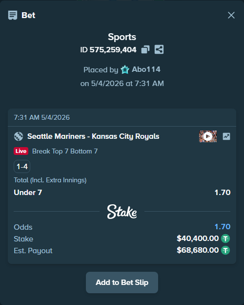 stakehighroller's tweet image. Seattle Mariners - Kansas City Royals attracts a $40,400 ticket. Just like that.

Same bet: stake.com/sports/home?ii…

#Baseball #MLB
