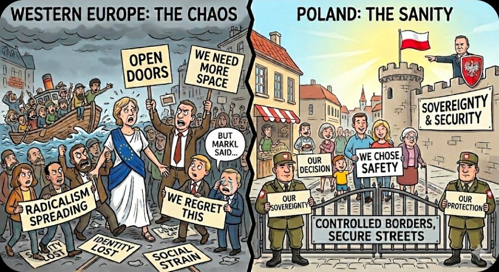 LinaTruthSeeker's tweet photo. Western Europe: How’s that soup you cooked for yourselves? 🍲
While Paris is afraid to ride the Metro, London deals with sharia patrols, and Sweden mourns the days when you could leave your front door unlocked, Poland is watching from the sidelines with a knowing smile.
For years, the enlightened elites in Brussels called the Poles "racist" and backward.
They preached from their moral high ground about openness, all while Angela Merkel opened the floodgates in 2015 with her infamous "Wir schaffen das" ("We can handle this").
Well, Angela, look around. They aren't handling it.
Now, as Western Europe scrambles to figure out how to put the genie of radical Islam back in the bottle (Spoiler: it won’t happen with candles and flowers),
Poland remains an island of sanity.
They understood what the liberals in Berlin ignored: if you invite the whole world in without checking who’s at the door, don’t be surprised when your home becomes unrecognizable.
The lesson Poland learned that the West still refuses to grasp:
A nation that doesn’t control its borders eventually loses its streets