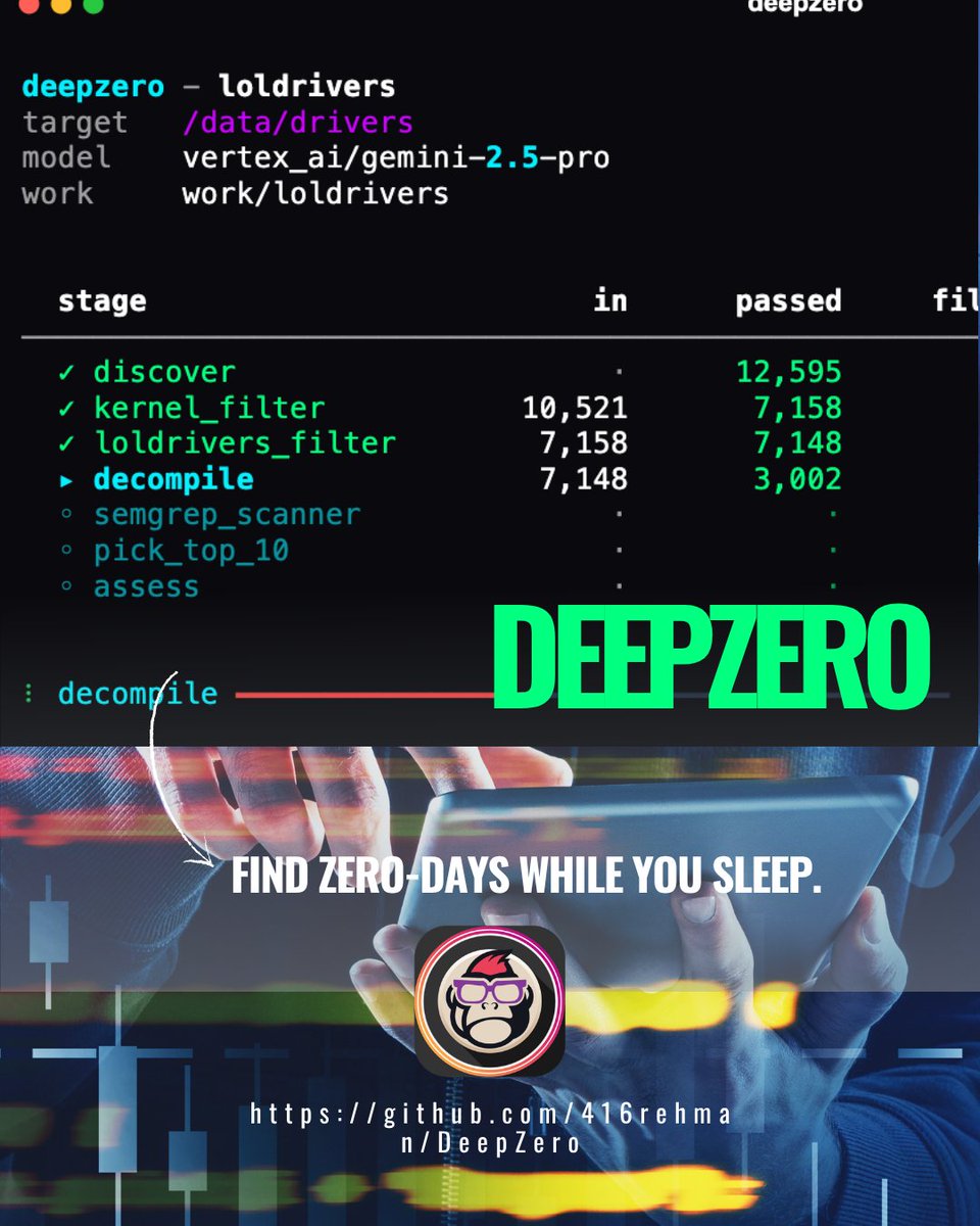 DeepZero 🤖🔍🛡️ | Análisis automático de vulnerabilidades kernel con IA

Automatiza la investigación de vulnerabilidades en drivers y kernels de Windows usando agentes de IA.

Parsea, descompila y analiza miles de drivers de forma inteligente.

Define tus flujos completos en