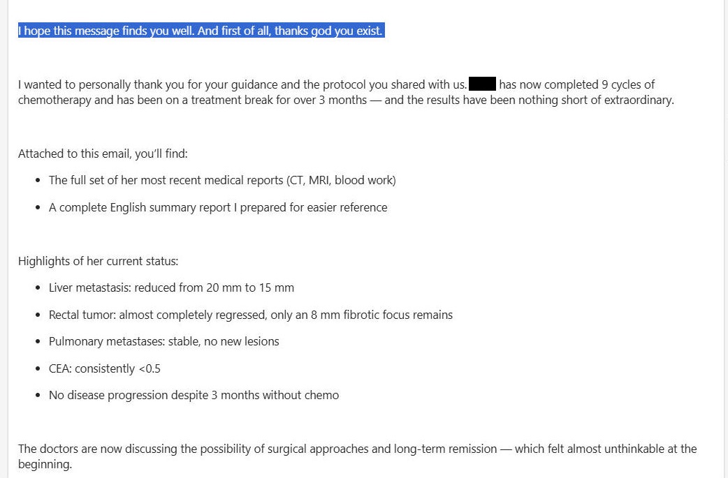 CHRISTOPHEtxtj's tweet image. NEW ARTICLE IVERMECTIN:
A 37-year-old woman from Portugal with Stage 4 colorectal cancer and lung metastases began the following protocol in mid-April 2025

Ivermectin 1.5 mg/kg daily
Fenbendazole 1000 mg daily (later increased to 1500 mg)
#Ivermectin
#Fenbendazole @TuckerCarlson