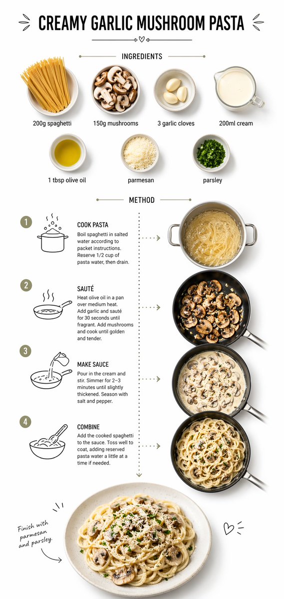 Create step-by-step recipe infographic for creamy garlic mushroom pasta, top-dow