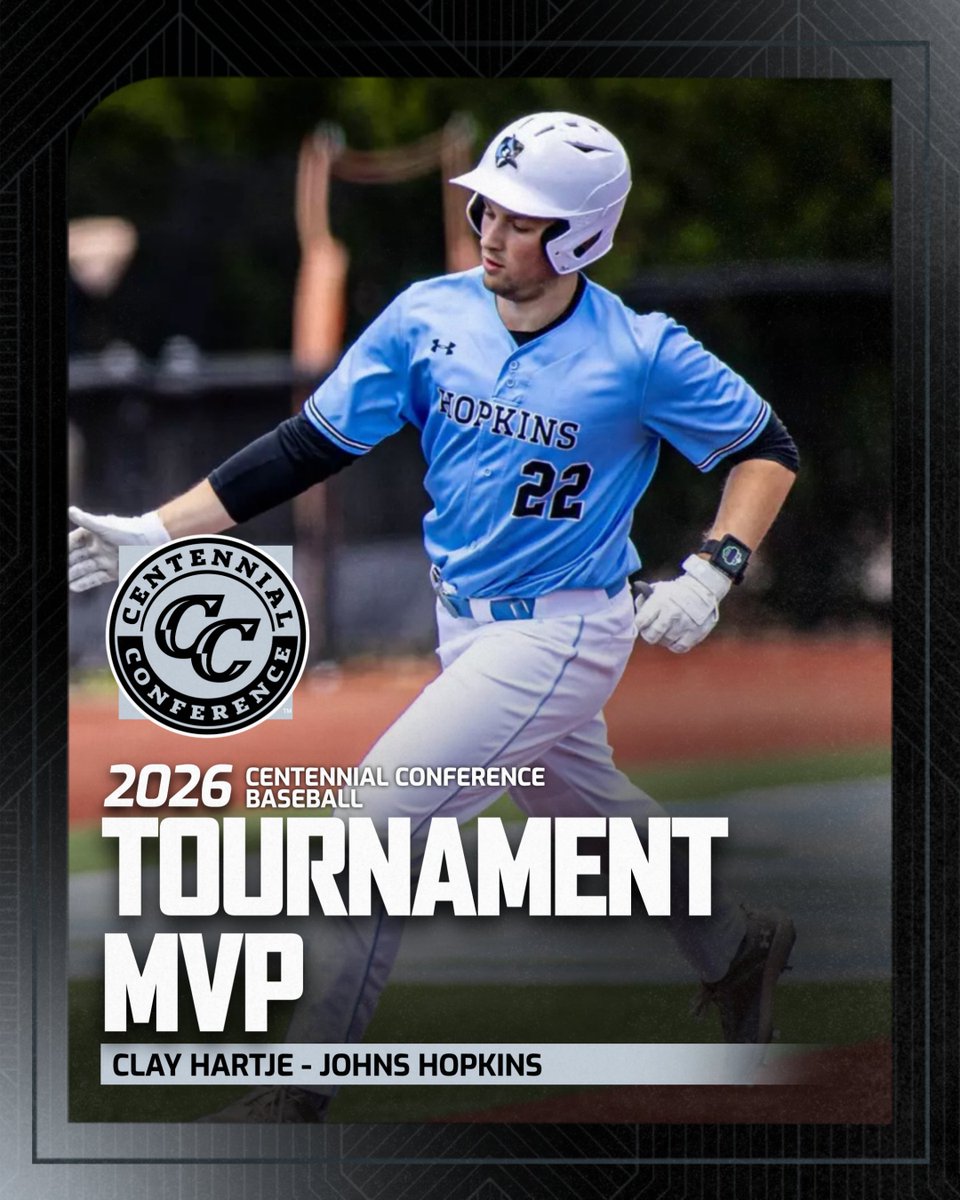 CentennialConf's tweet photo. πBASE | CHAMPIONS
2οΈβ£0οΈβ£ TITLESβΌοΈ
@HopkinsSports are your 2026 Centennial Conference Baseball Champions! The Blue Jays secure their fourth straight tournament title and 20th overall #CCbase championship.
Tournament MVP: Clay Hartje
#CentConf #d3base https://t.co/Txn9b5M8GS