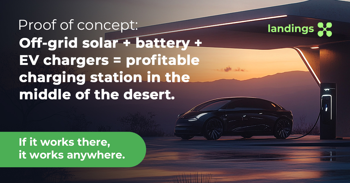 LandingsNetwork's tweet image. Proof of concept: Solar + battery + chargers = profitable off-grid charging station in the desert. ☀️
No grid connection needed.

This model works for cars. We're scaling it for multimodal vertiport infrastructure.
💡 landings.co

#Landings #RuralAirMobility #Solar