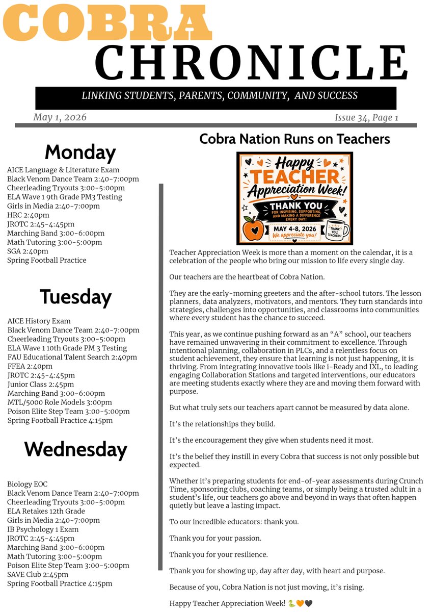 BAHSCobras's tweet photo. This week's edition of the Cobra Chronicle! @GiaHRoberts @JamesGriffin_II @kionardra @MrsLehmanBAHS https://t.co/cR6UvHqeOE