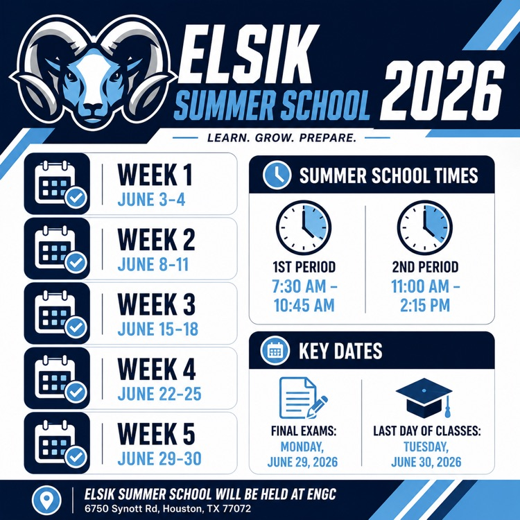 ElsikHighSchool's tweet image. 📚☀️ Summer learning starts soon, Mighty Rams!

Join us for Elsik Summer School 2026 at ENGC. Stay on track, earn credits, and get ahead with focused instruction and support.

🗓️ June 3–30
⏰ AM &amp;amp; PM sessions available

Let’s show up, stay focused, and Lead the Way! 💙 #RamNation