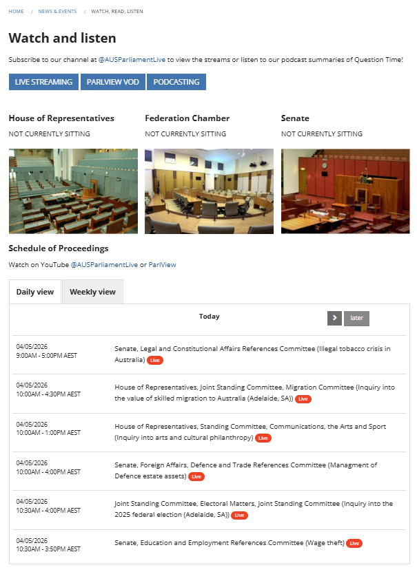 BelindaJones68's tweet image. Good morning everyone ☕☕

Have a marvelous Monday, stay safe &amp;amp; have fun

Federal Parliament is not sitting today

6 x committee meetings (times/topics in pic👇)

Watch live👇
youtube.com/@AUSParliament…

Next sitting day is Budget Day, Tuesday 12 May 2026 - both Houses
🐝
#auspol