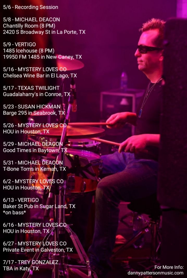DPattersonMusic's tweet image. Upcoming Dates ... 
#drummer #giglife #multiinstrumentalist #texasmusicians #texasdrummer #salyerspercussion #TheDrumWallet #audix #tnrproducts  #motionprodrumthrones #cympad #dannypattersonmusic