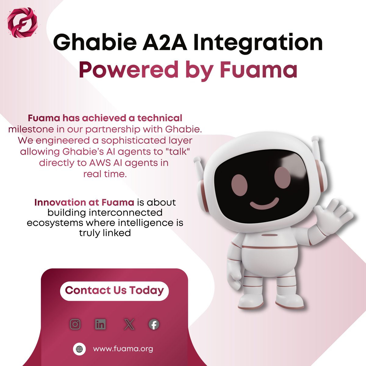 FuamaTech's tweet photo. Breaking barriers in AI-to-AI communication.

We’ve reached a new milestone! Through our partnership with Ghabie, Fuama has successfully enabled real-time "conversation" between Ghabie and AWS AI agents.

#ArtificialIntelligence #TechMilestone #Innovation #A2A #CloudComputing https://t.co/q2BSWhrfeg