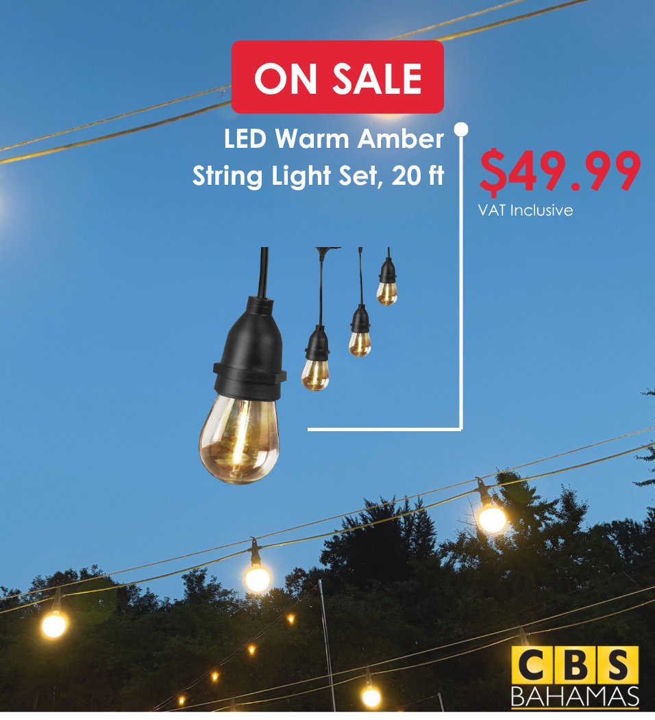 CBSBahamas's tweet photo. ✨ Brighten your nights for less ✨

Our LED Warm Amber String Light Set is now ONLY $49.99 VAT Inclusive! (was $72.49)

Create the perfect outdoor vibe for relaxing or entertaining 🌙

Grab yours while supplies last: https://t.co/j69iipQuIy https://t.co/ZKglL6s44i