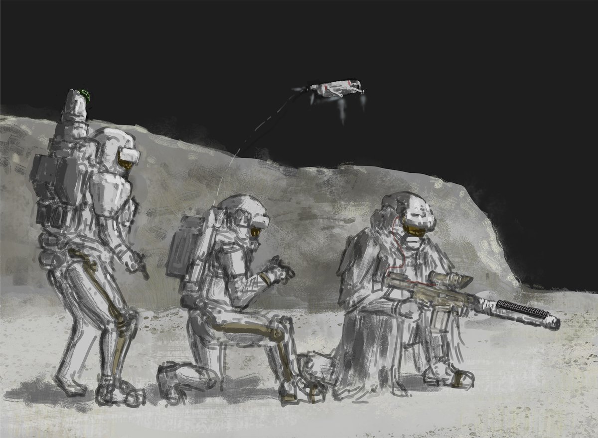 johnmustache's tweet photo. Lunar Strike Team WIP: As the Second Lagrange War progressed, previously understood tactics broke against new realities. The combo of drone operator, marksman and back-mounted laser found some initial success against the enemy both in raids and reacting to incursions. https://t.co/j4jKO4l4rZ