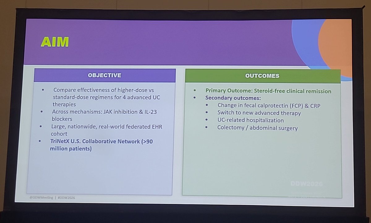 z_bakhshiii's tweet image. Higher-dose advanced therapies in #UC →
✅ ↑ Steroid-free remission
✅ ↓ Fecal calprotectin &amp;amp; CRP
✅ ↓ Hospitalization, switching &amp;amp; surgery
👉 Consistent benefit across JAKi &amp;amp; IL-23
#IBD 
Presented by Ahmed Salem
@DDWMeeting #ddw2026