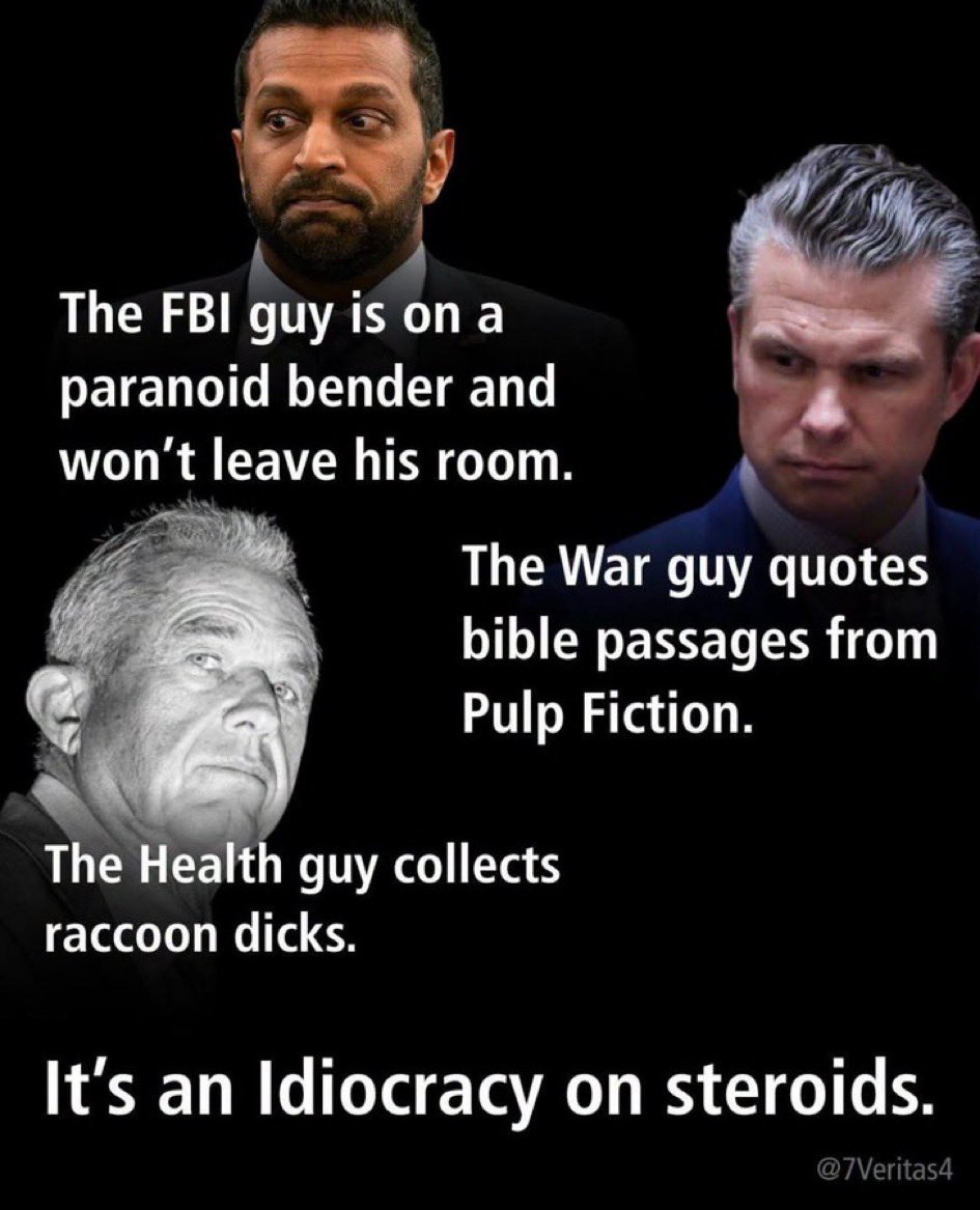 kmeeo's tweet image. Idiocracy on steroids is an understatement!  None of these men are ethical or qualified to do their jobs.

These three will put the needs/wants of Trump above all else.  The U.S. is in a dangerous place with Patel, Hegseth, and RFK, Jr.

#DemsUnited