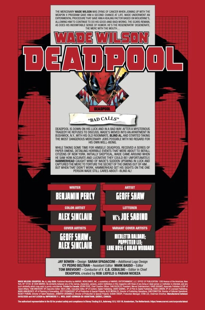 Wade_Wilson699's tweet photo. Wade Wilson: Deadpool #4

Writer - @Benjamin_Percy 
Artist - Geoff Shaw
Color Artist - Alex Sinclair 

Coming out to comic book stores May 6th 2026  
#Deadpool #Marvel #MarvelComics #Marvel 

1/3 https://t.co/6j8pnrbY4C