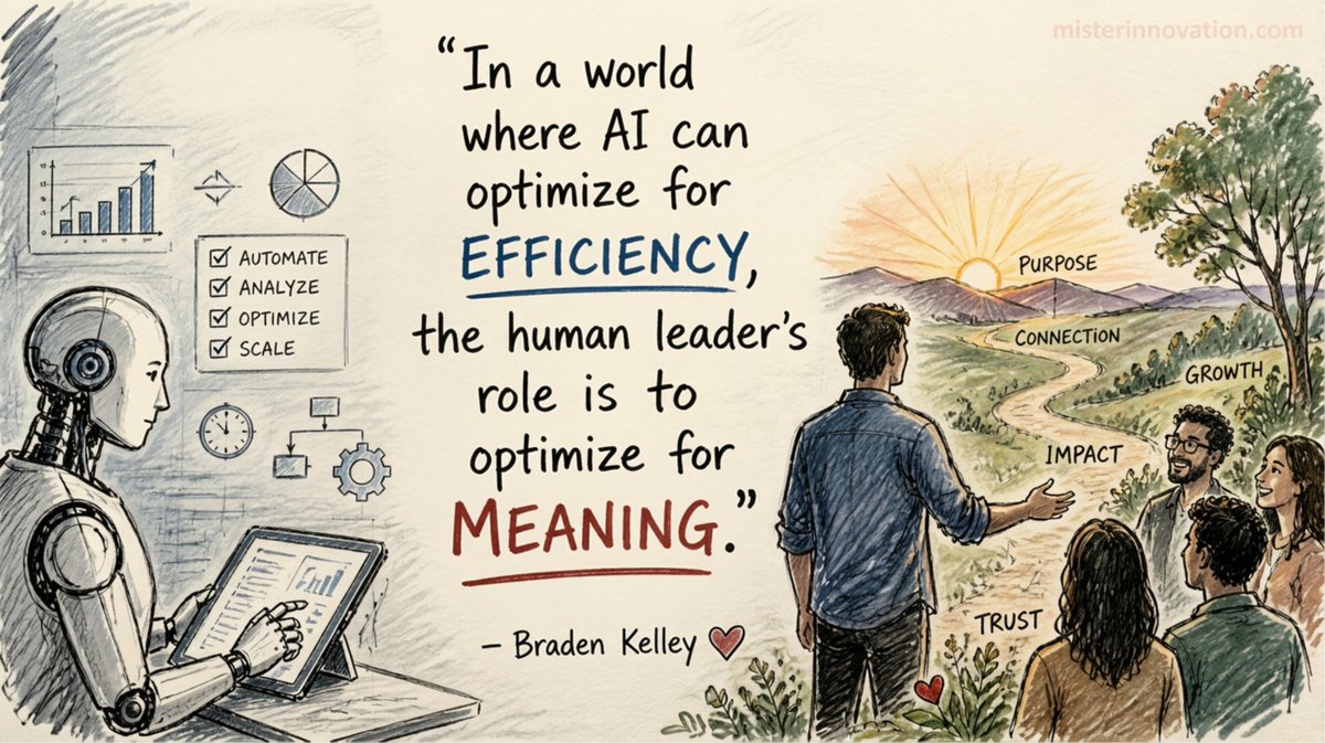 innovate's tweet image. “In a world where AI can optimize for efficiency, the human leader’s role is to optimize for meaning.” -- Braden Kelley -- #AI #inspiration -- 1,200+ FREE #quotes for your meetings &amp;amp; presentations at misterinnovation.com