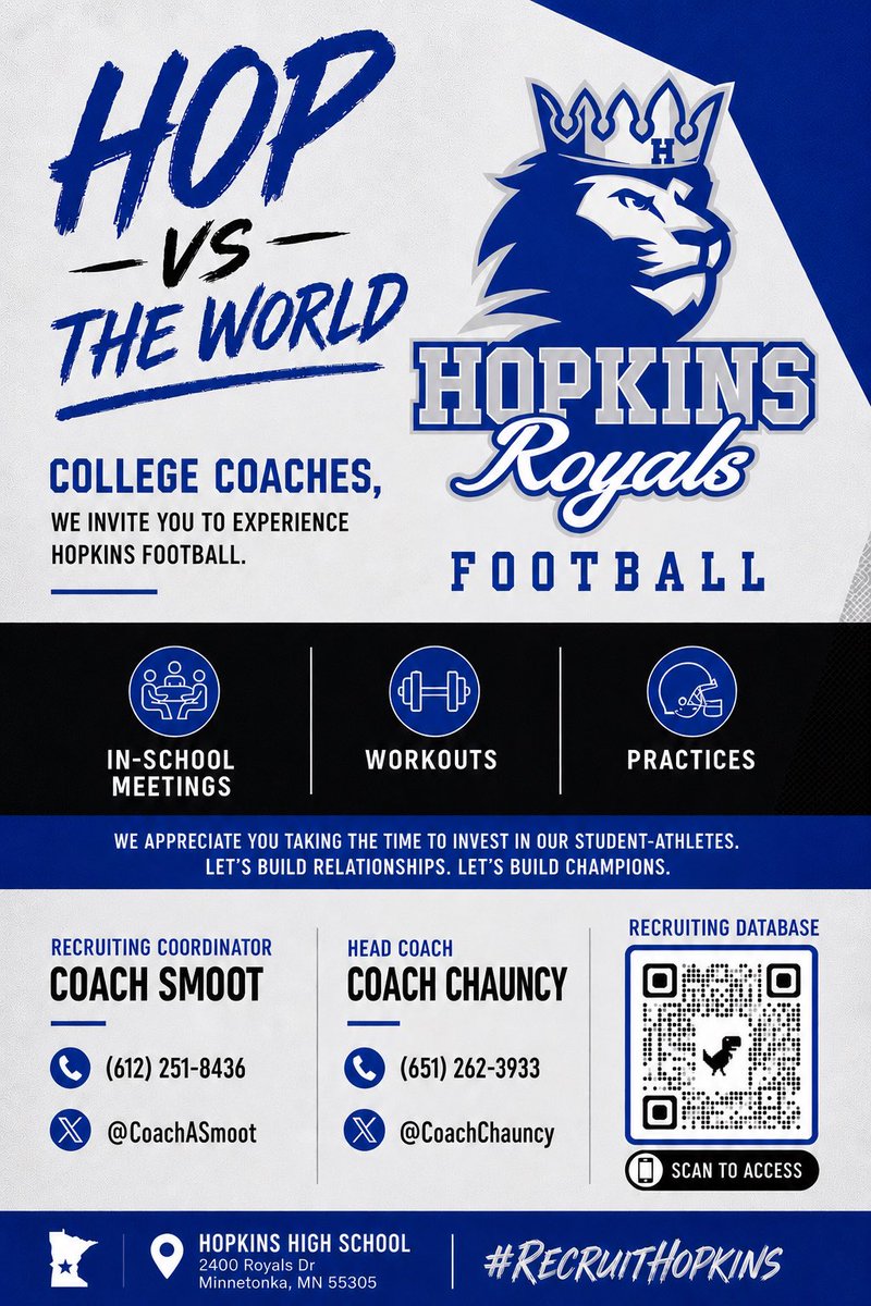 CoachASmoot's tweet photo. College coaches! 
If you’re rolling through Minnesota, stop by Hopkins.

We’ve got 2027-2029 guys you need to see! 
In-school, workouts, or practice we’ll make it worth your time.

Let’s build relationships 🤝

@HopkinsRecruits 
@CoachChauncy 
#RecruitHopkins #HopVsTheWorld

📲 DM me or reach out
- Coach Smoot