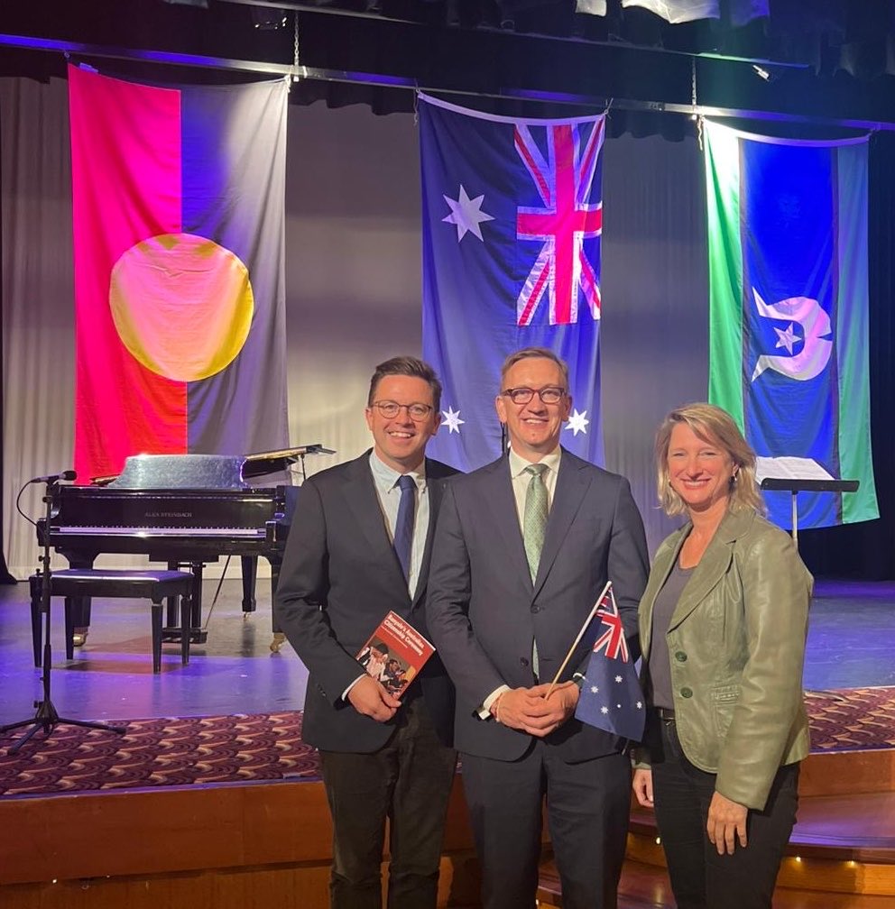 ACarbinesMP's tweet photo. Citizenship ceremonies at the historic Heidelberg Town Hall are always memorable events for families. It’s my 21st year attending as a councillor or MP. Always uplifting to welcome new citizens. Great to have a special guest, Assistant Minister for Citizenship @JulianHillMP . https://t.co/hjd6f99Ilm